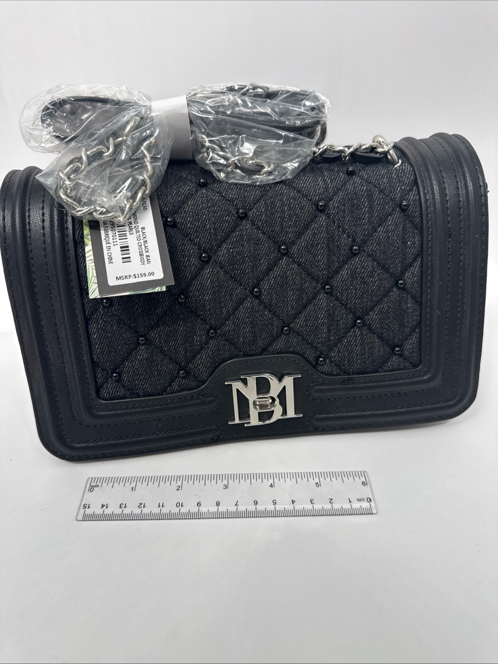 Badgley Mischka Black Quilted black diamond denim Crossbody Bag Silver Hardware - Picture 1 of 16